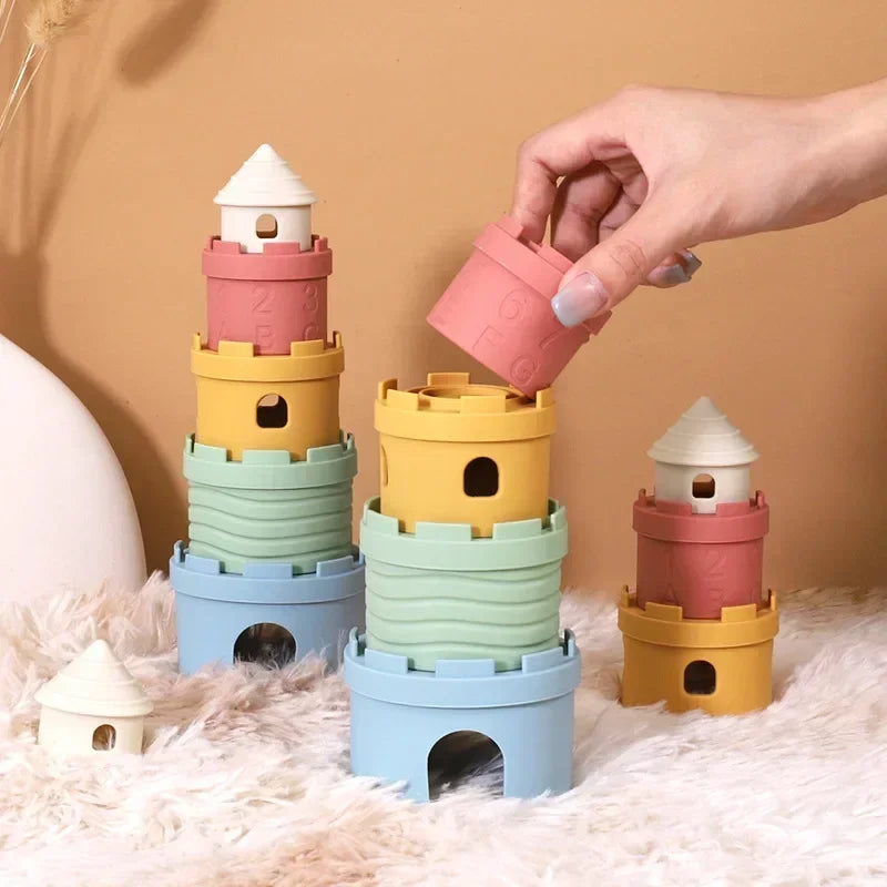 364-Jouet Éducatif Empilable en Silicone – Château et Tasses Colorées