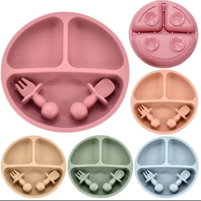 309-Ensemble de Vaisselle en Silicone pour Bébé 3/4 PCS avec Assiette, Cuillère et Fourchette – Couleur Unie