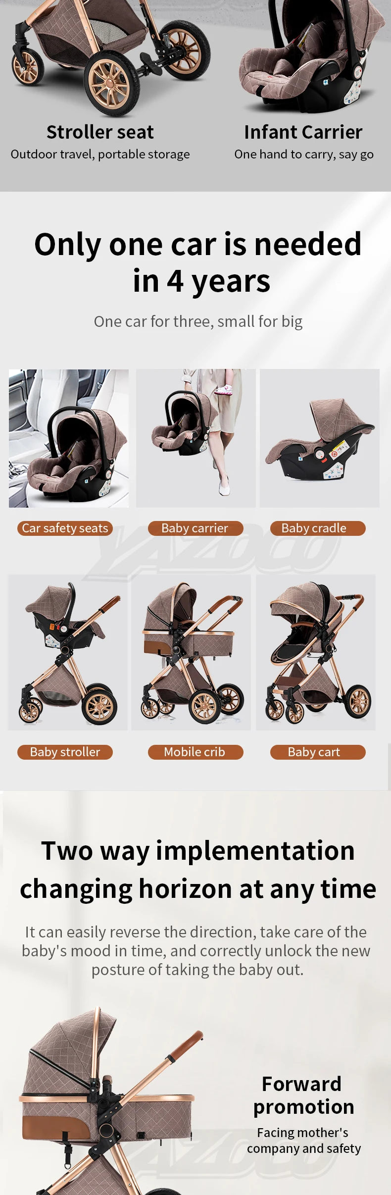 803-Poussette Luxe YAZOCO V9 3-en-1 - Élégance et Confort pour Bébé