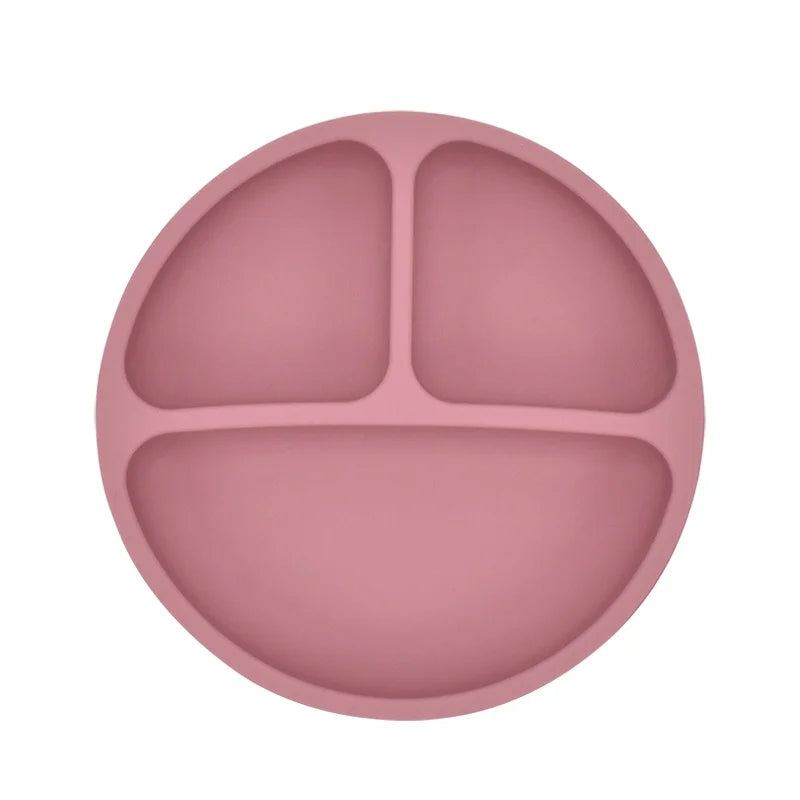 309-Ensemble de Vaisselle en Silicone pour Bébé 3/4 PCS avec Assiette, Cuillère et Fourchette – Couleur Unie