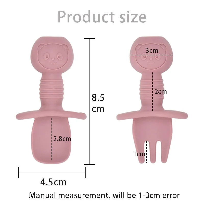 309-Ensemble de Vaisselle en Silicone pour Bébé 3/4 PCS avec Assiette, Cuillère et Fourchette – Couleur Unie