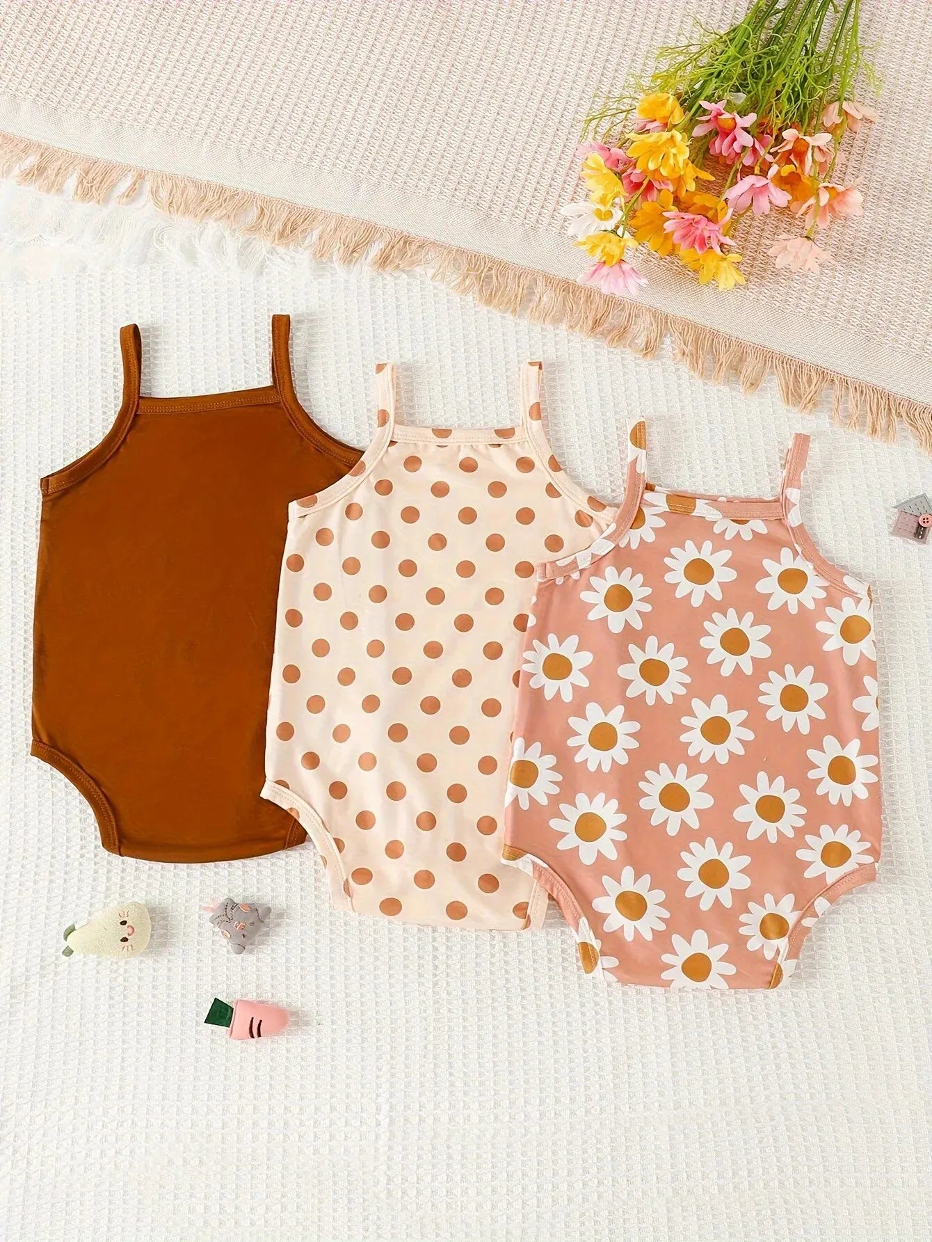 113H-Ensemble Combinaison Sling d'Été pour Bébé Fille - Motif à Pois et Fleurs