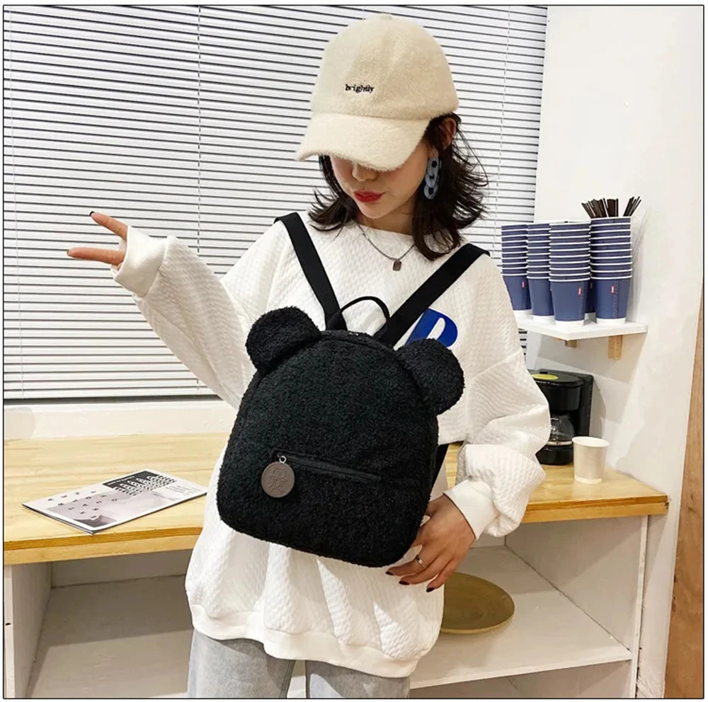 889B-Sac à Dos Mignon en Laine d'Agneau avec Oreilles d'Ours – Petit Sac Doux pour Filles