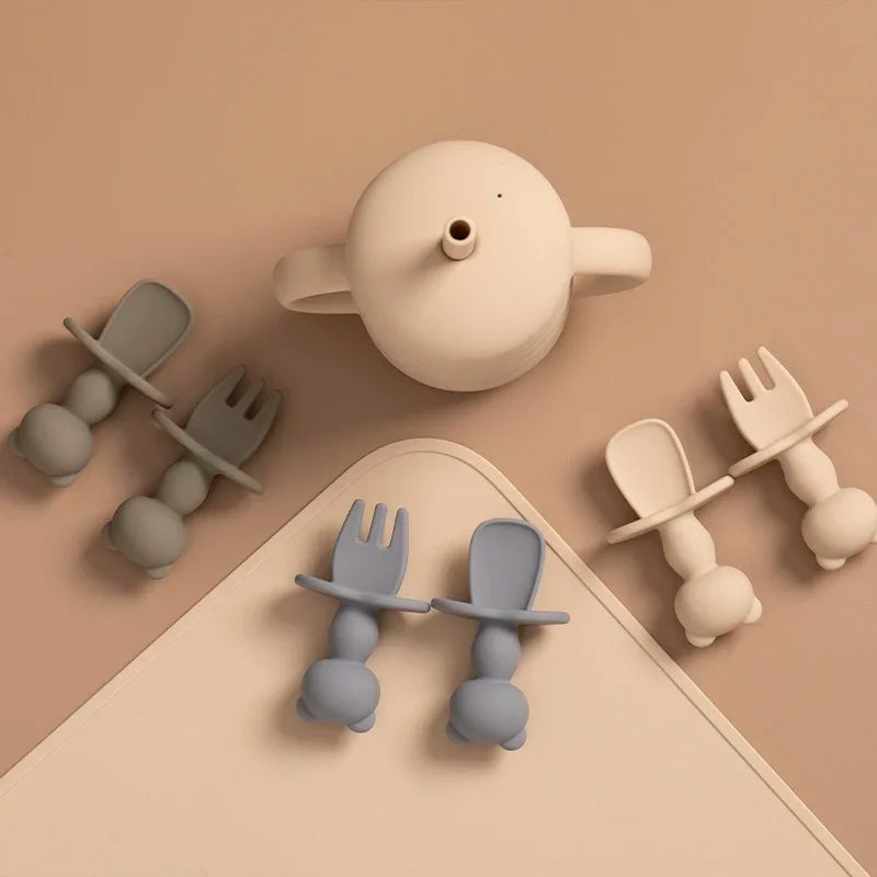 319-Ensemble d'Ustensiles d'Alimentation en Silicone Doux de Qualité Alimentaire – Fourchette et Cuillère Panda pour Bébé