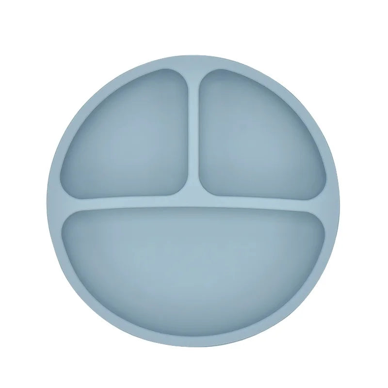 309-Ensemble de Vaisselle en Silicone pour Bébé 3/4 PCS avec Assiette, Cuillère et Fourchette – Couleur Unie