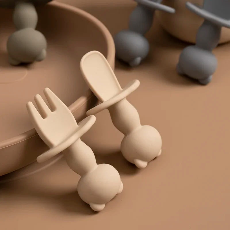 319-Ensemble d'Ustensiles d'Alimentation en Silicone Doux de Qualité Alimentaire – Fourchette et Cuillère Panda pour Bébé
