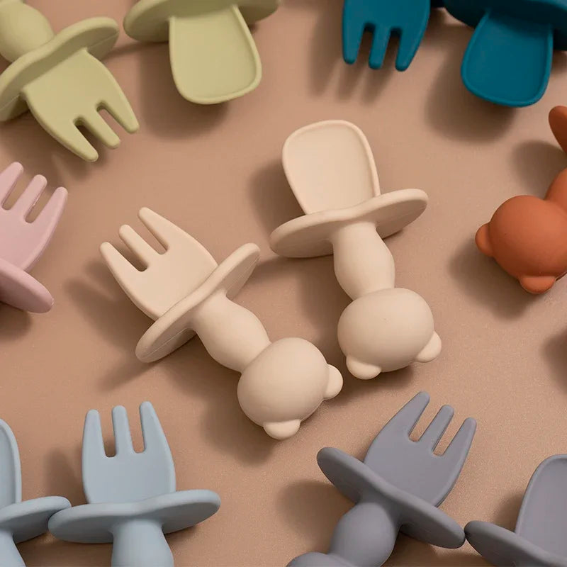 319-Ensemble d'Ustensiles d'Alimentation en Silicone Doux de Qualité Alimentaire – Fourchette et Cuillère Panda pour Bébé