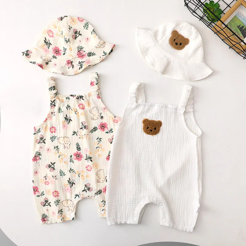 121G-Romper d'Été pour Bébé avec Chapeau – Imprimé Cerise et Ourson