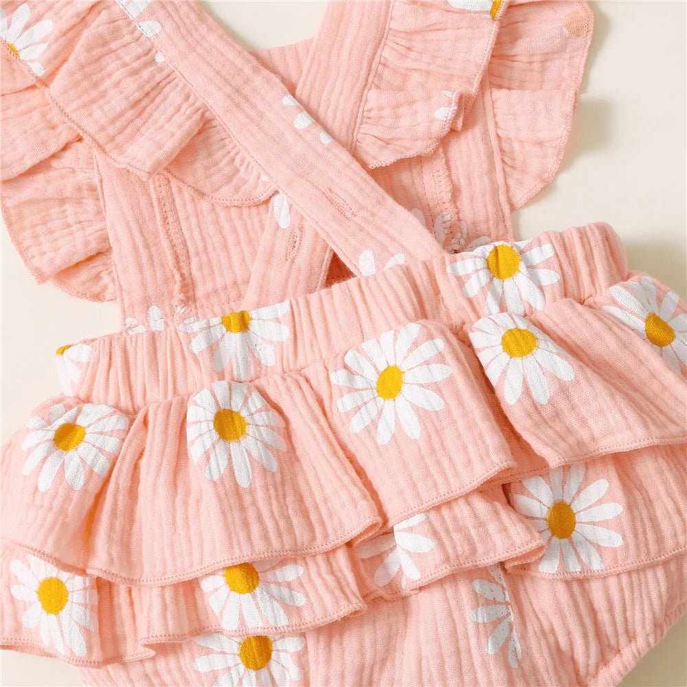 112B-Romper Bébé Fille avec Volants et Bandeau - Ensemble d'Été pour Nouveau-nés
