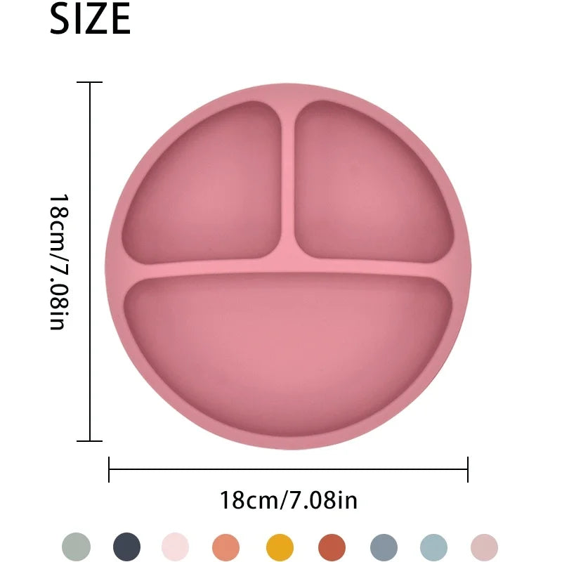 309-Ensemble de Vaisselle en Silicone pour Bébé 3/4 PCS avec Assiette, Cuillère et Fourchette – Couleur Unie