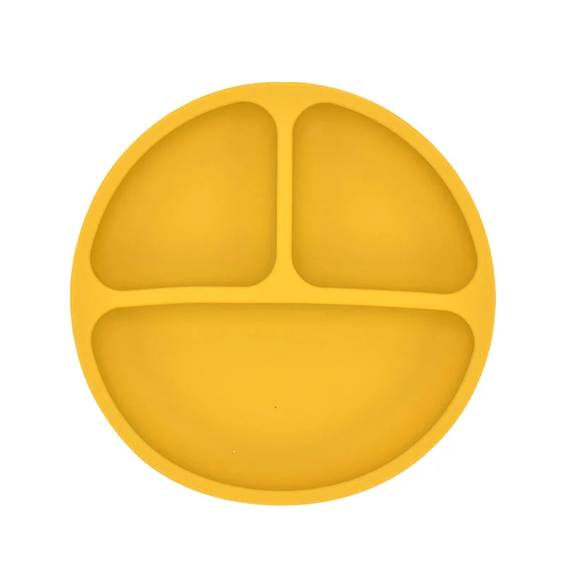 309-Ensemble de Vaisselle en Silicone pour Bébé 3/4 PCS avec Assiette, Cuillère et Fourchette – Couleur Unie