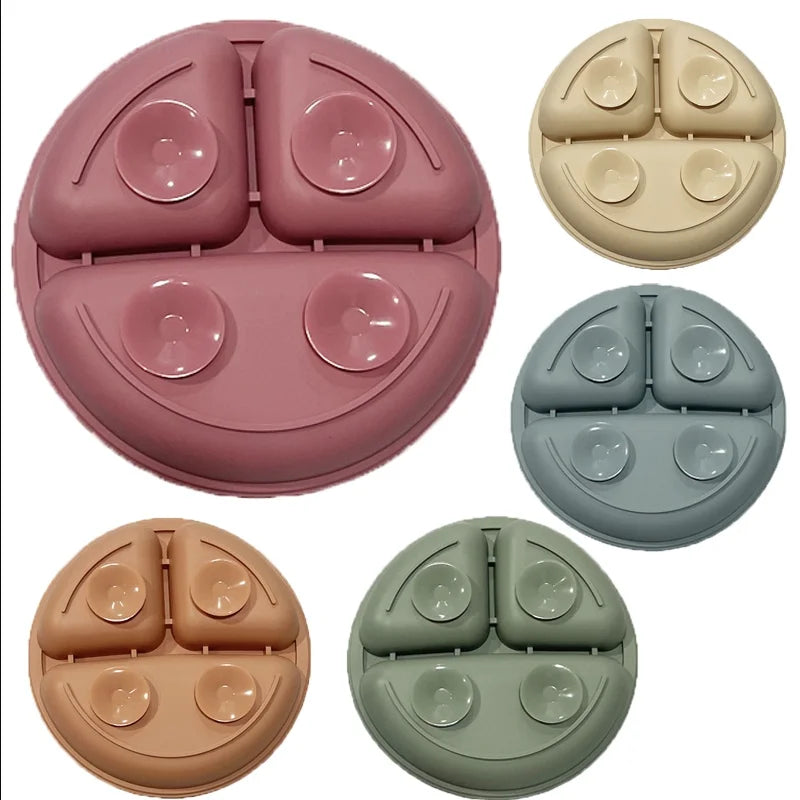 309-Ensemble de Vaisselle en Silicone pour Bébé 3/4 PCS avec Assiette, Cuillère et Fourchette – Couleur Unie