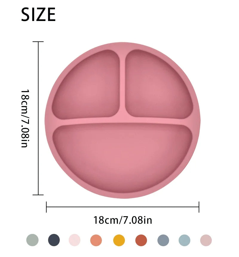 309-Ensemble de Vaisselle en Silicone pour Bébé 3/4 PCS avec Assiette, Cuillère et Fourchette – Couleur Unie