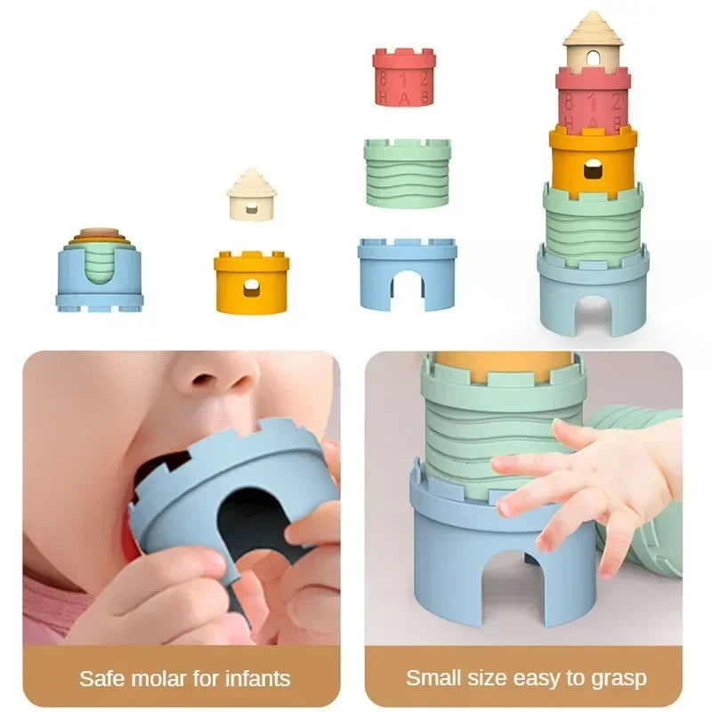364-Jouet Éducatif Empilable en Silicone – Château et Tasses Colorées