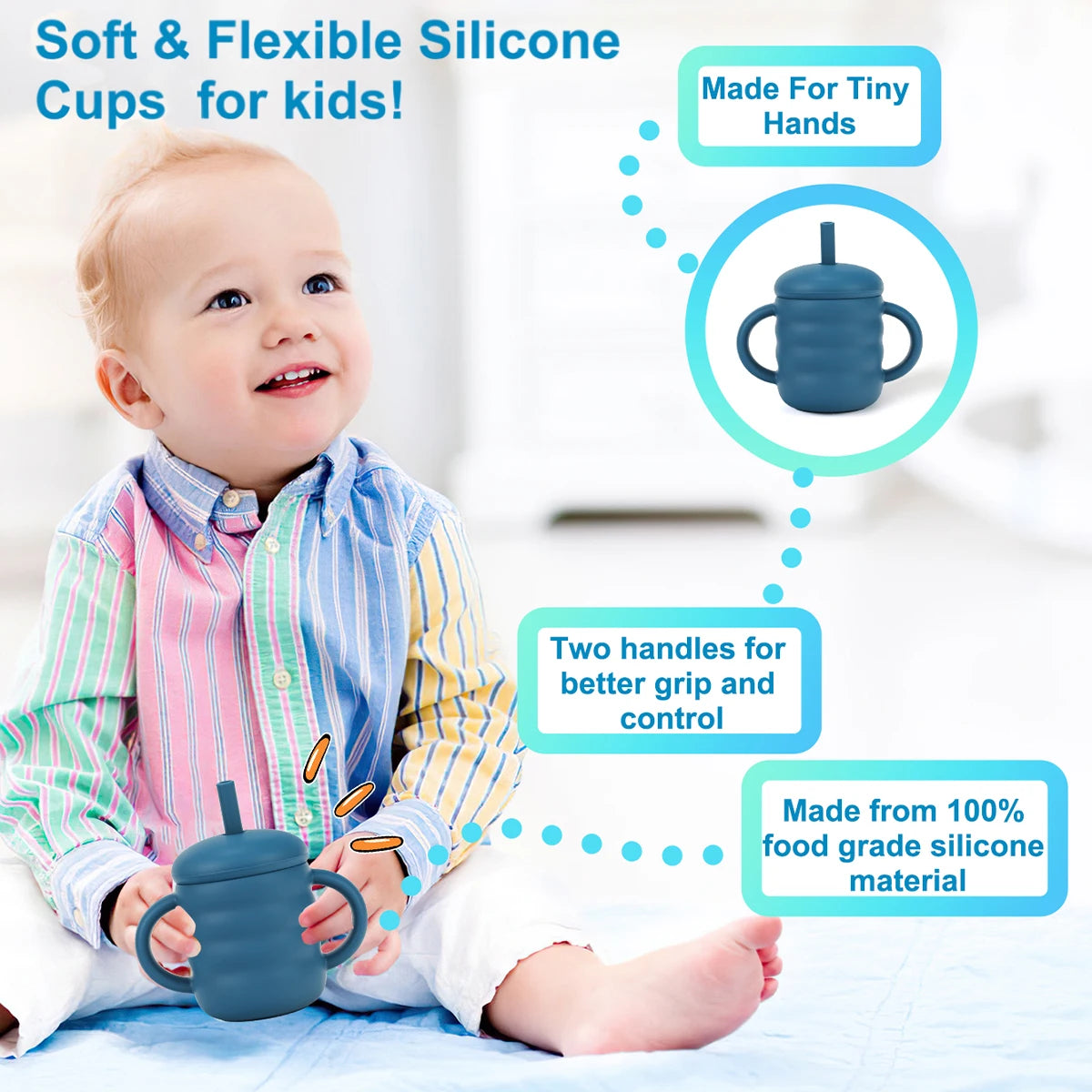 330-Tasse en Silicone pour Bébé avec Paille – 150ml – Sans BPA, Anti-Fuite et Portable
