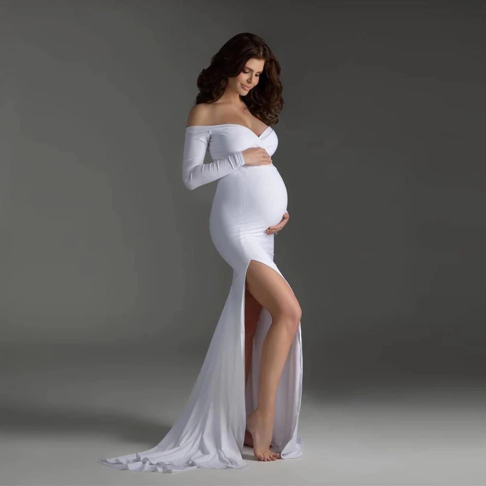 913-Robe de Maternité Sexy Épaules Dégagées pour Séance Photo – Élégante et Confortable pour Future Maman