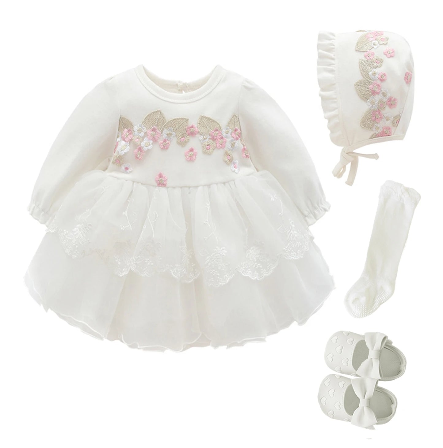 109-Tenue de Fête Bébé Fille - Robe avec Chaussures et Chaussettes pour Anniversaires et Baptêmes