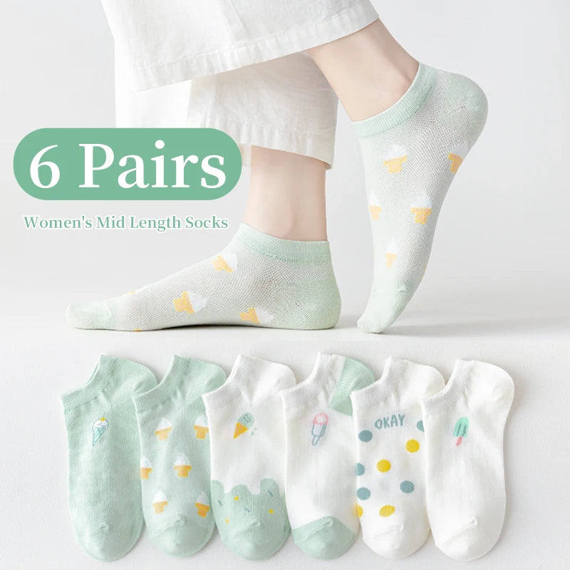 943-Lot de 6 Paires de Chaussettes Courtes pour Femme – Design Floral et Respirant