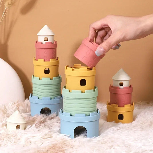 364-Jouet Éducatif Empilable en Silicone – Château et Tasses Colorées