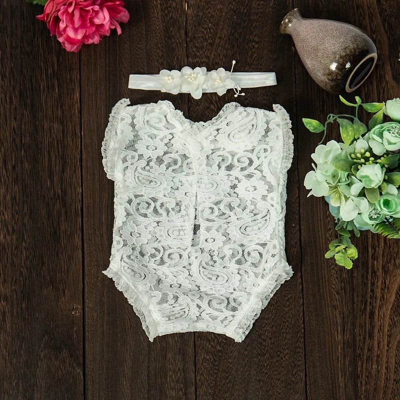 036-Ensemble Photographie Nouveau-né - Combinaison en Dentelle et Bandeau Assorti