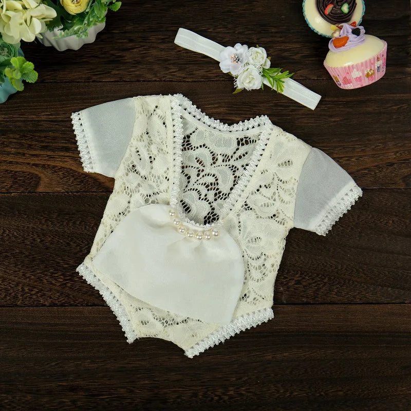 036-Ensemble Photographie Nouveau-né - Combinaison en Dentelle et Bandeau Assorti