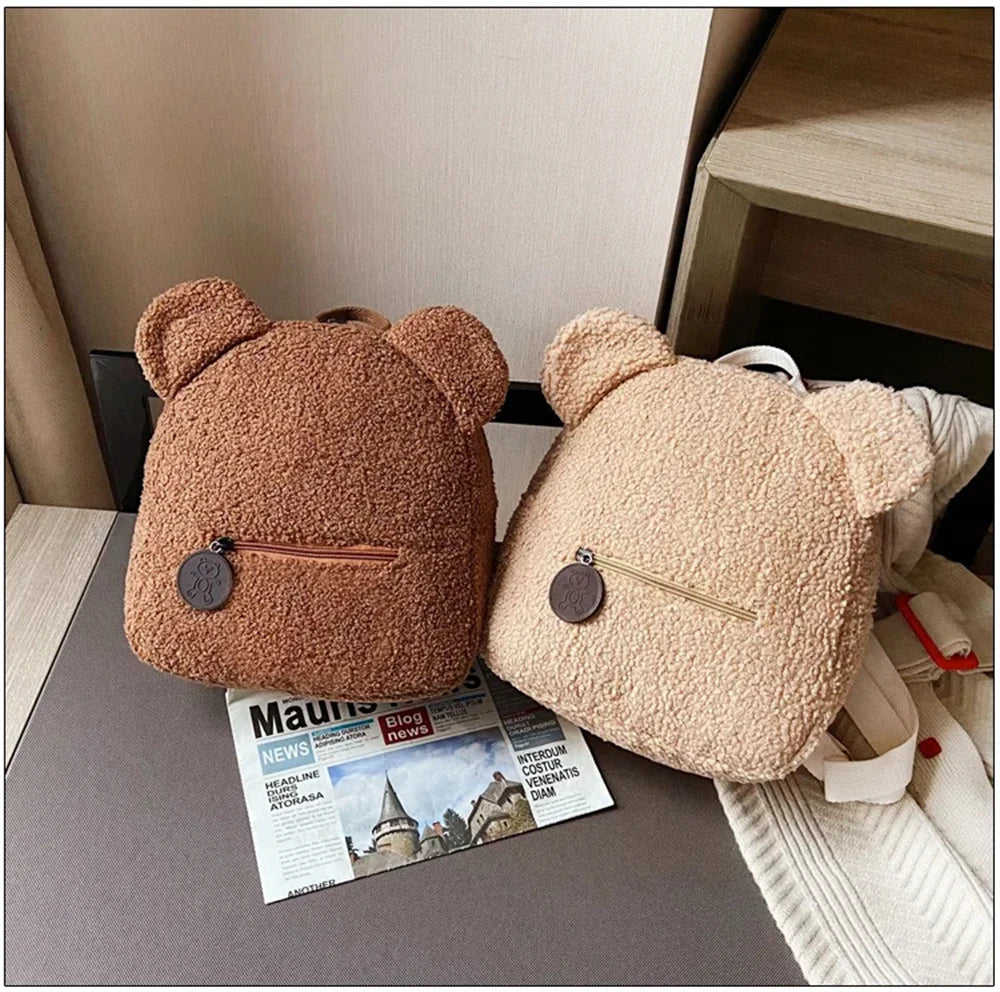 889B-Sac à Dos Mignon en Laine d'Agneau avec Oreilles d'Ours – Petit Sac Doux pour Filles
