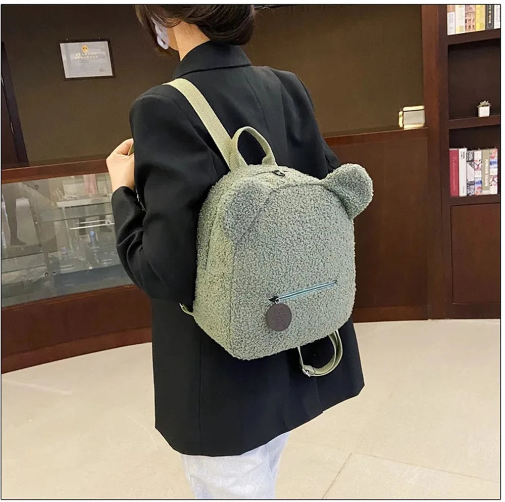 889B-Sac à Dos Mignon en Laine d'Agneau avec Oreilles d'Ours – Petit Sac Doux pour Filles