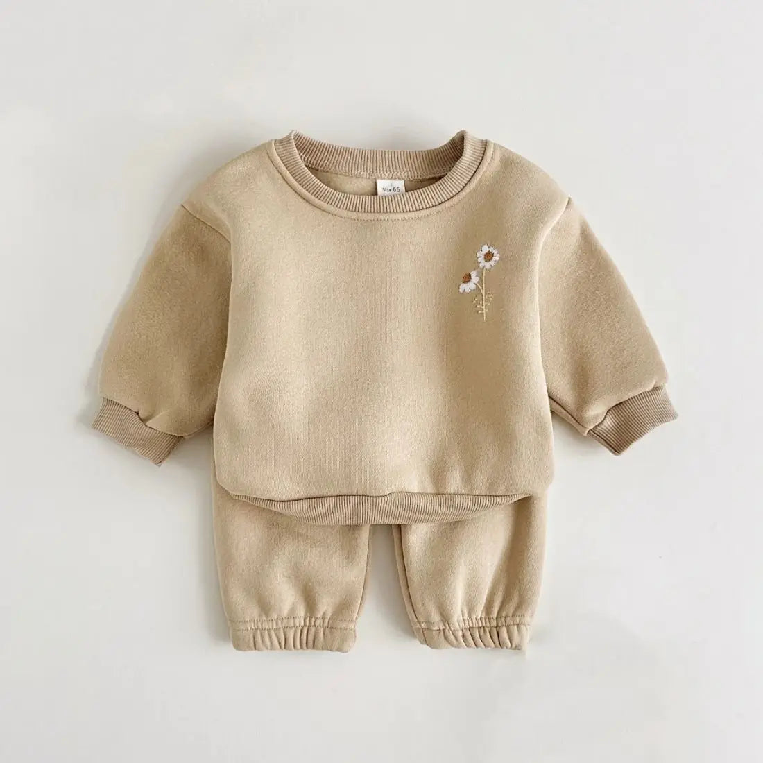 070B-Ensemble Hiver Bébé 2 Pièces – Sweatshirt Épais à Fleurs Brodées et Jogger en Polaire