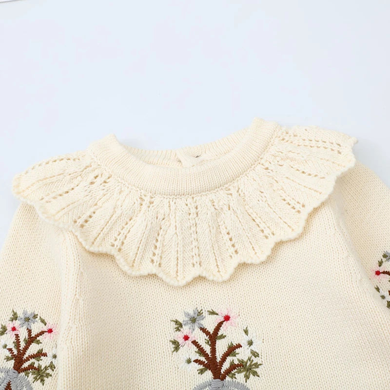 107b-Infant Baby Girls Long Sleeve Sweet Embroidered Knit Jumpsuit - Collection Printemps/Automne