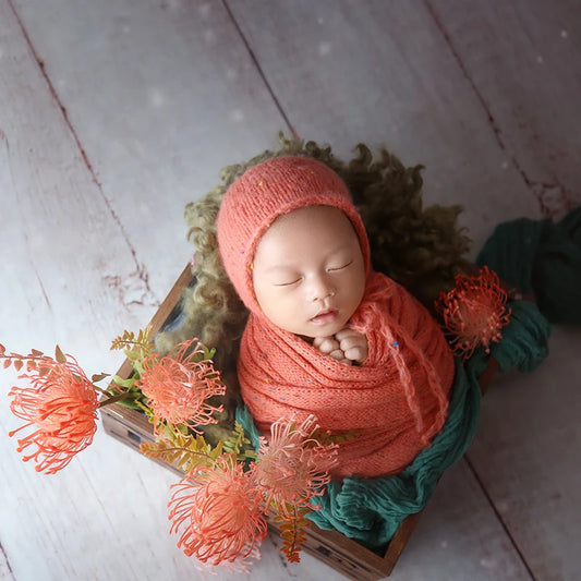 033- Ensemble de Photographie Vintage en Tricot - Écharpe Fuzzy et Bonnet Lapin