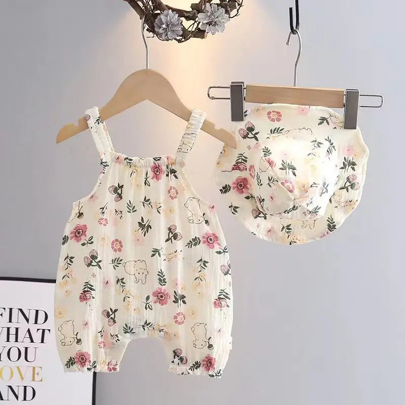 121G-Romper d'Été pour Bébé avec Chapeau – Imprimé Cerise et Ourson