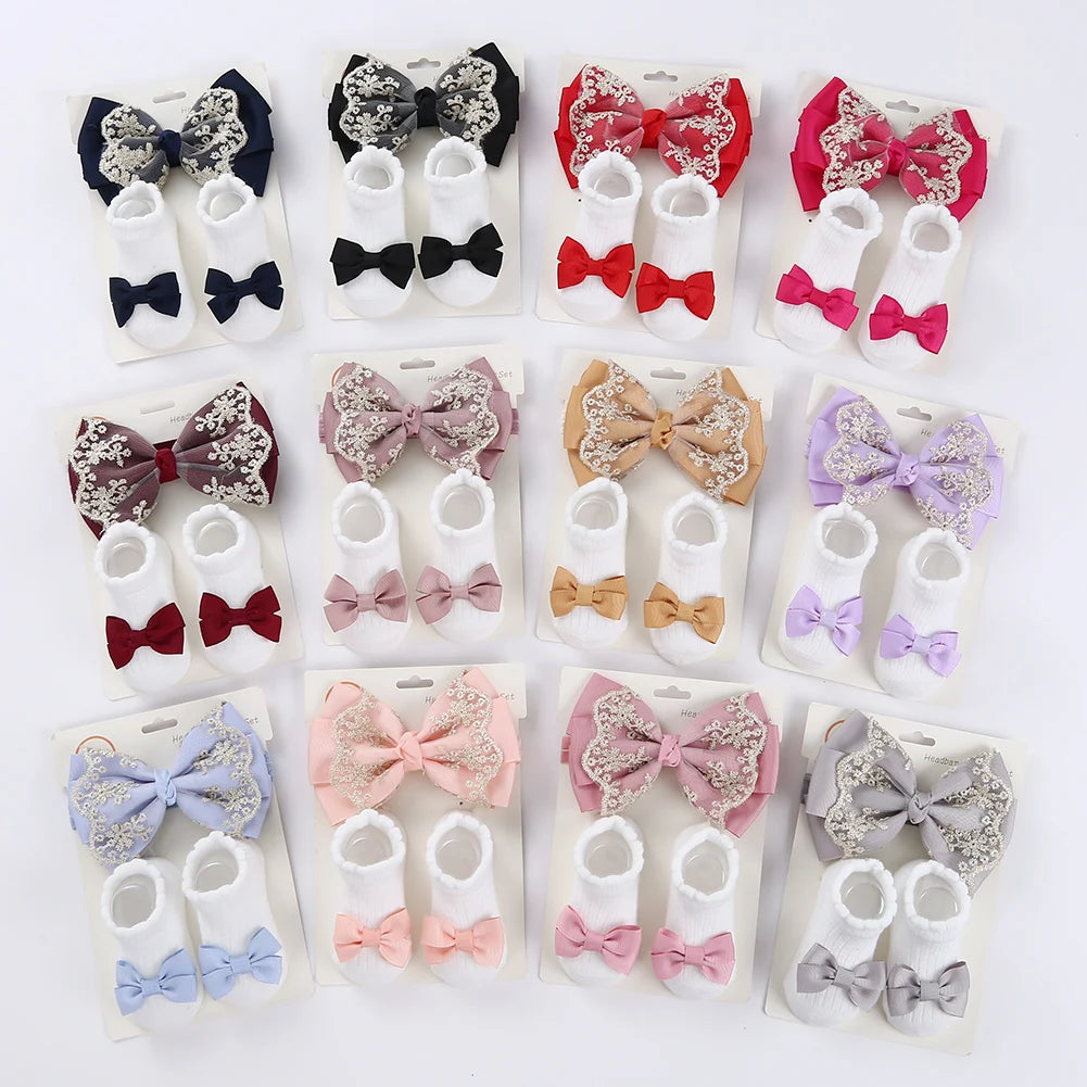 117-Ensemble de 3 Paires de Chaussettes à Volants pour Bébé avec Bandeau en Dentelle