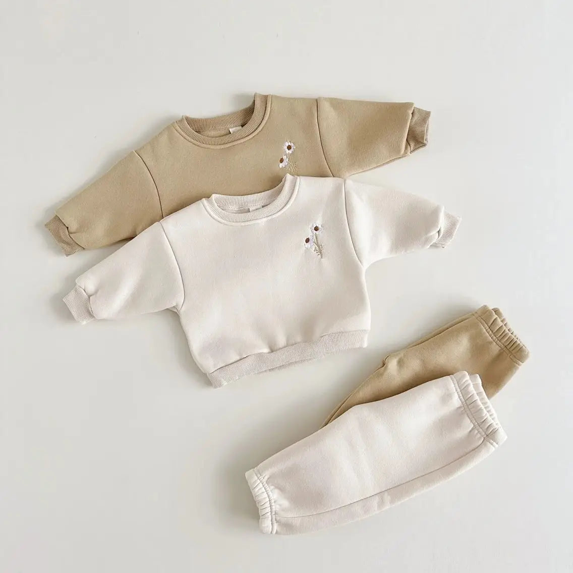 070B-Ensemble Hiver Bébé 2 Pièces – Sweatshirt Épais à Fleurs Brodées et Jogger en Polaire