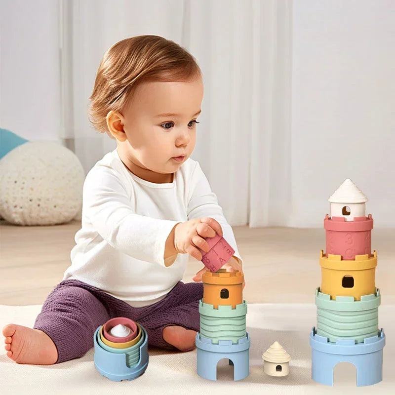 364-Jouet Éducatif Empilable en Silicone – Château et Tasses Colorées