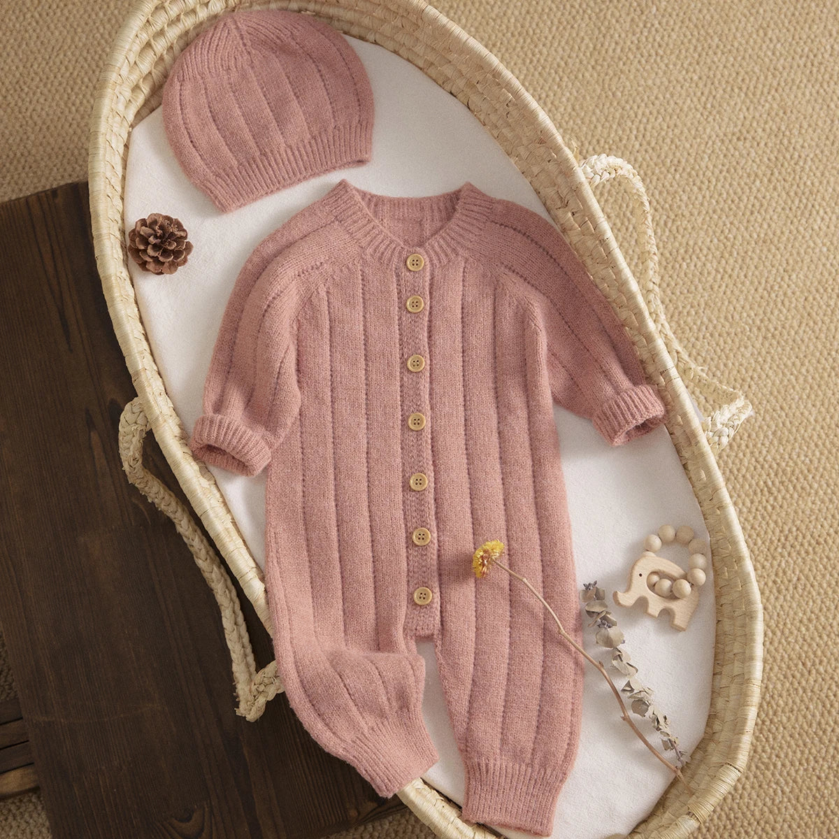 095-Rompers Tricoté avec Bonnet pour Bébé - Élégance et Confort pour les Petits