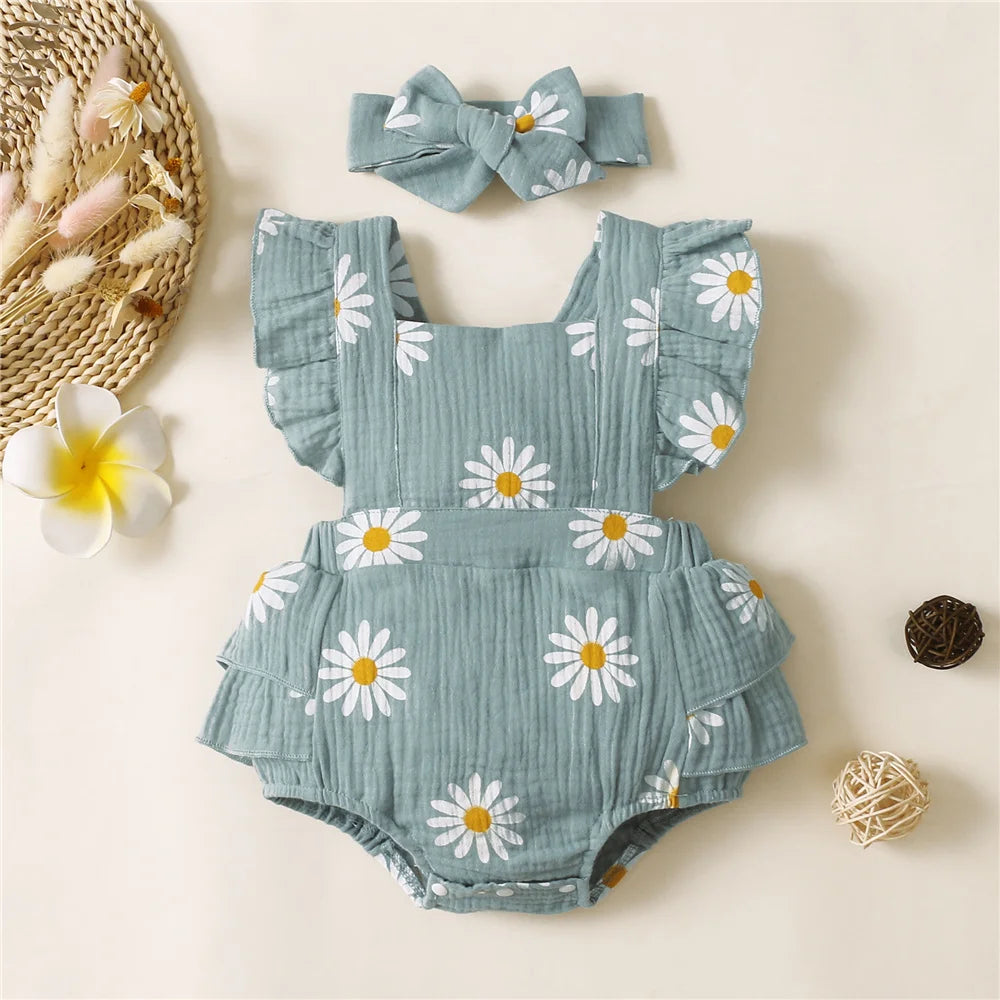 112B-Romper Bébé Fille avec Volants et Bandeau - Ensemble d'Été pour Nouveau-nés