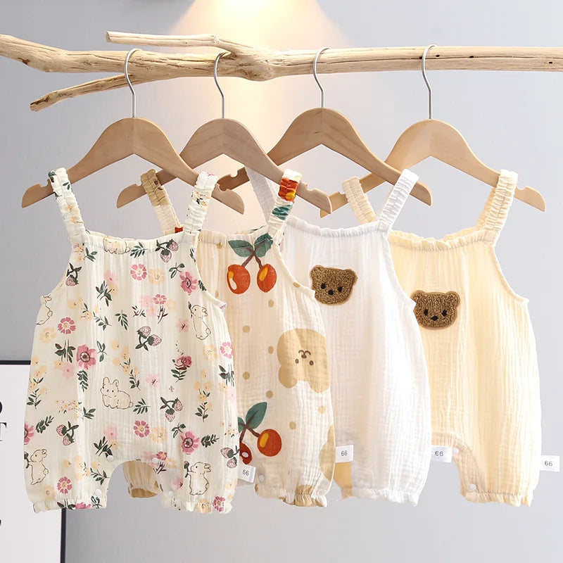 121G-Romper d'Été pour Bébé avec Chapeau – Imprimé Cerise et Ourson