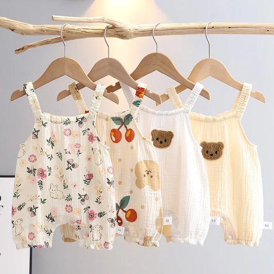 121G-Romper d'Été pour Bébé avec Chapeau – Imprimé Cerise et Ourson
