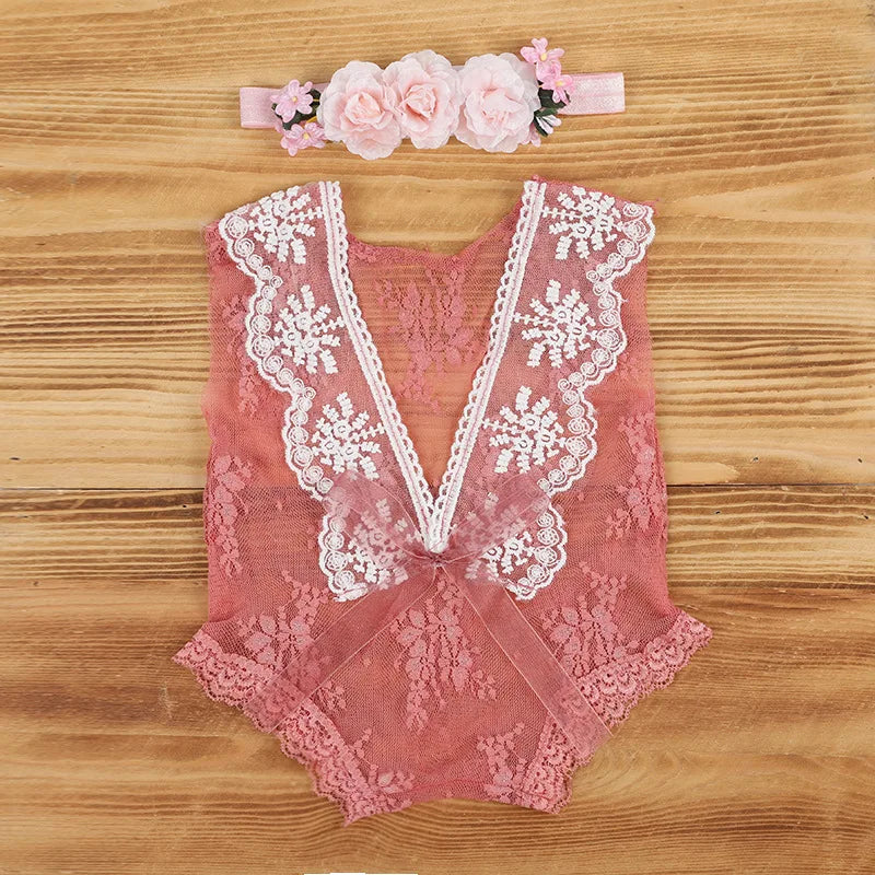 036-Ensemble Photographie Nouveau-né - Combinaison en Dentelle et Bandeau Assorti