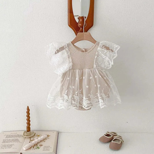 107U-Robe Romper en Maille à Gaufres avec Dentelle pour Filles Bébé