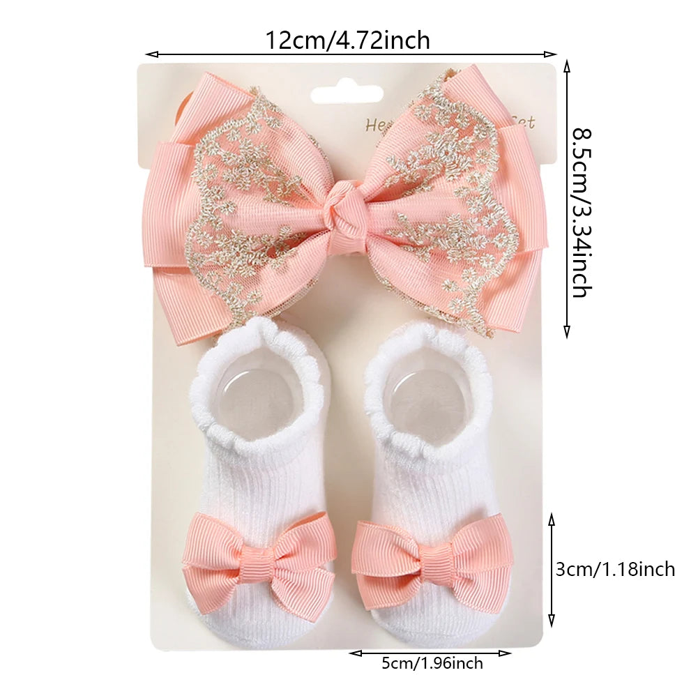 117-Ensemble de 3 Paires de Chaussettes à Volants pour Bébé avec Bandeau en Dentelle