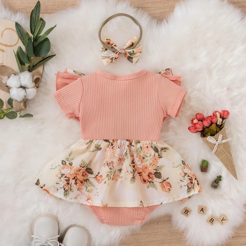 108A- Robe Jumpsuit Fille Bébé avec Nœud - Vêtements d'Été (0-24 Mois)