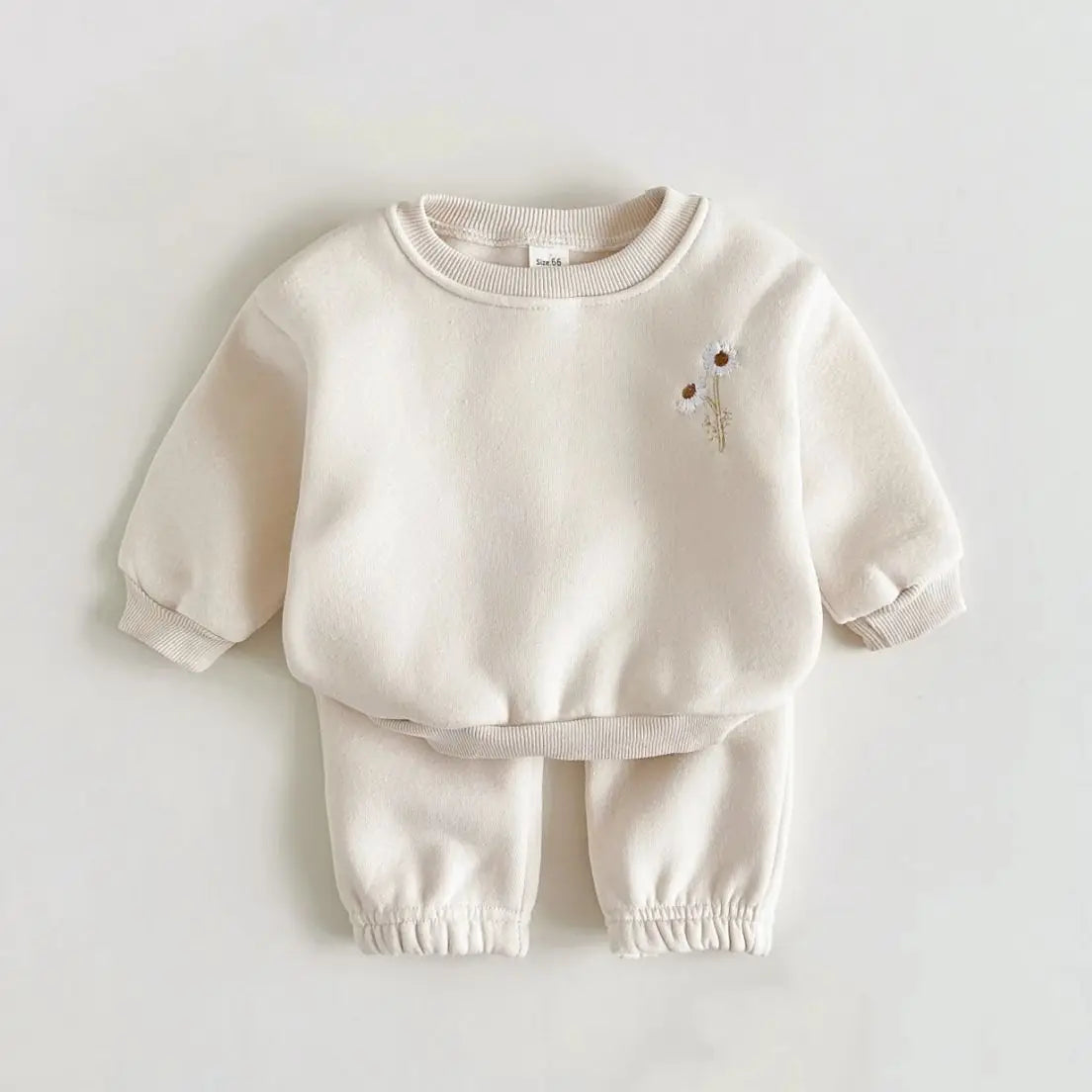 070B-Ensemble Hiver Bébé 2 Pièces – Sweatshirt Épais à Fleurs Brodées et Jogger en Polaire