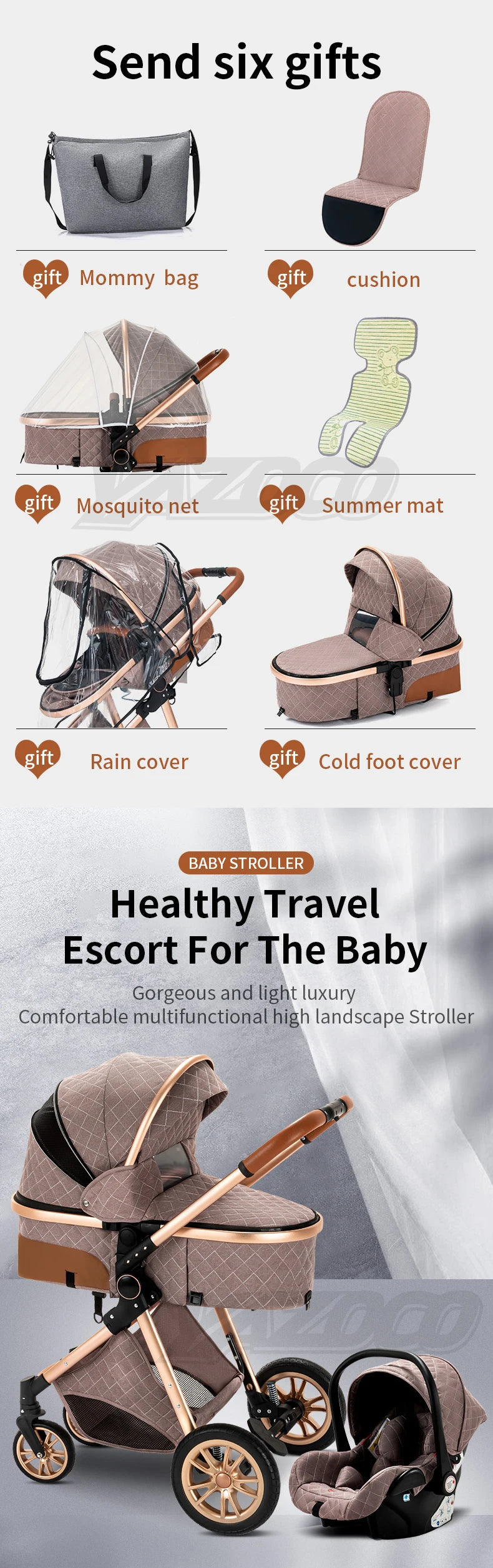803-Poussette Luxe YAZOCO V9 3-en-1 - Élégance et Confort pour Bébé
