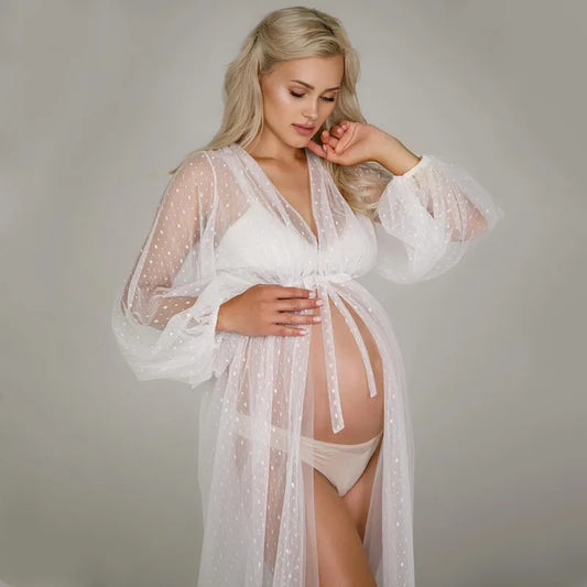 910-Robe de Maternité en Tulle à Pois Blancs – Parfaite pour Séances Photo et Baby Showers