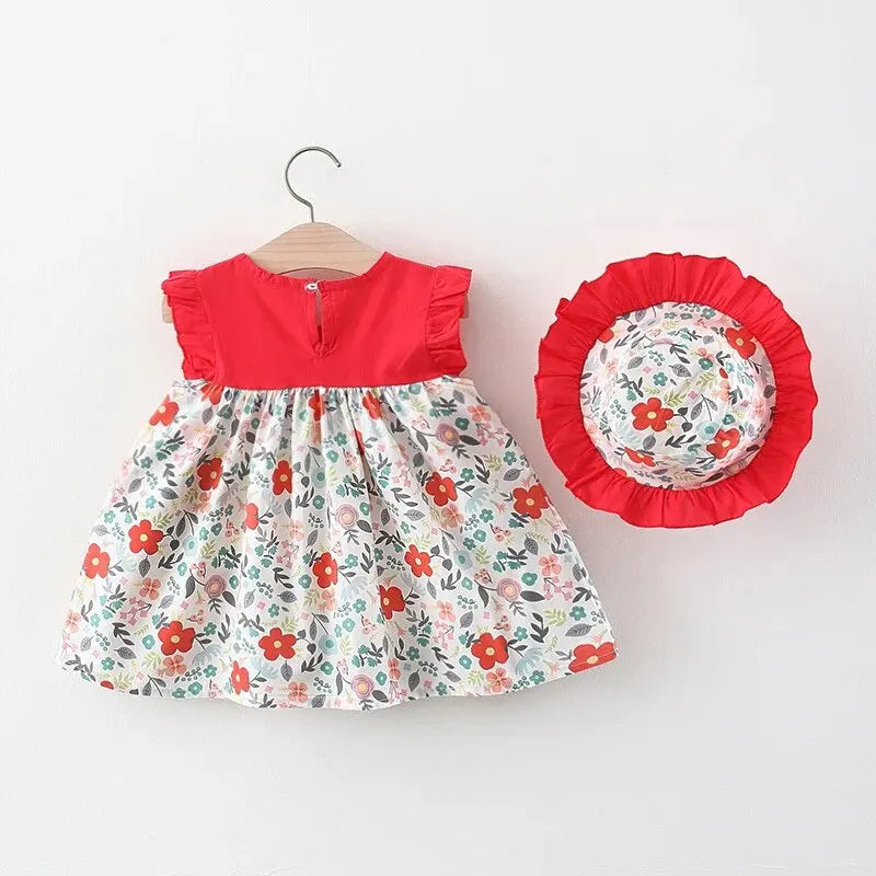 113D-Robe Fleurie d'Été pour Bébé Fille – Sans Manches avec Chapeau de Soleil