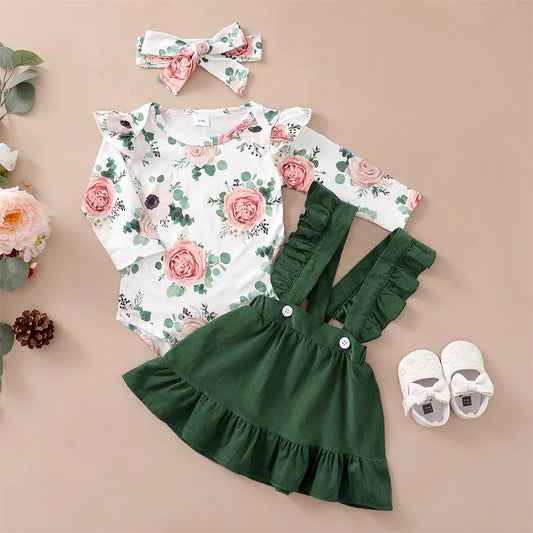 113B-Ensemble 3 Pièces pour Bébé Fille - Floral, Printemps & Automne