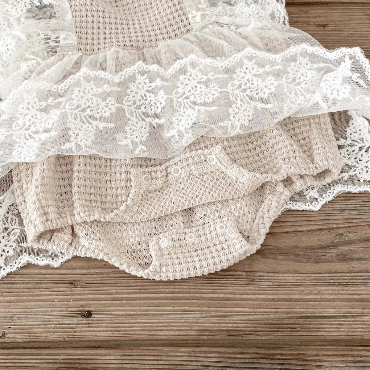 107U-Robe Romper en Maille à Gaufres avec Dentelle pour Filles Bébé