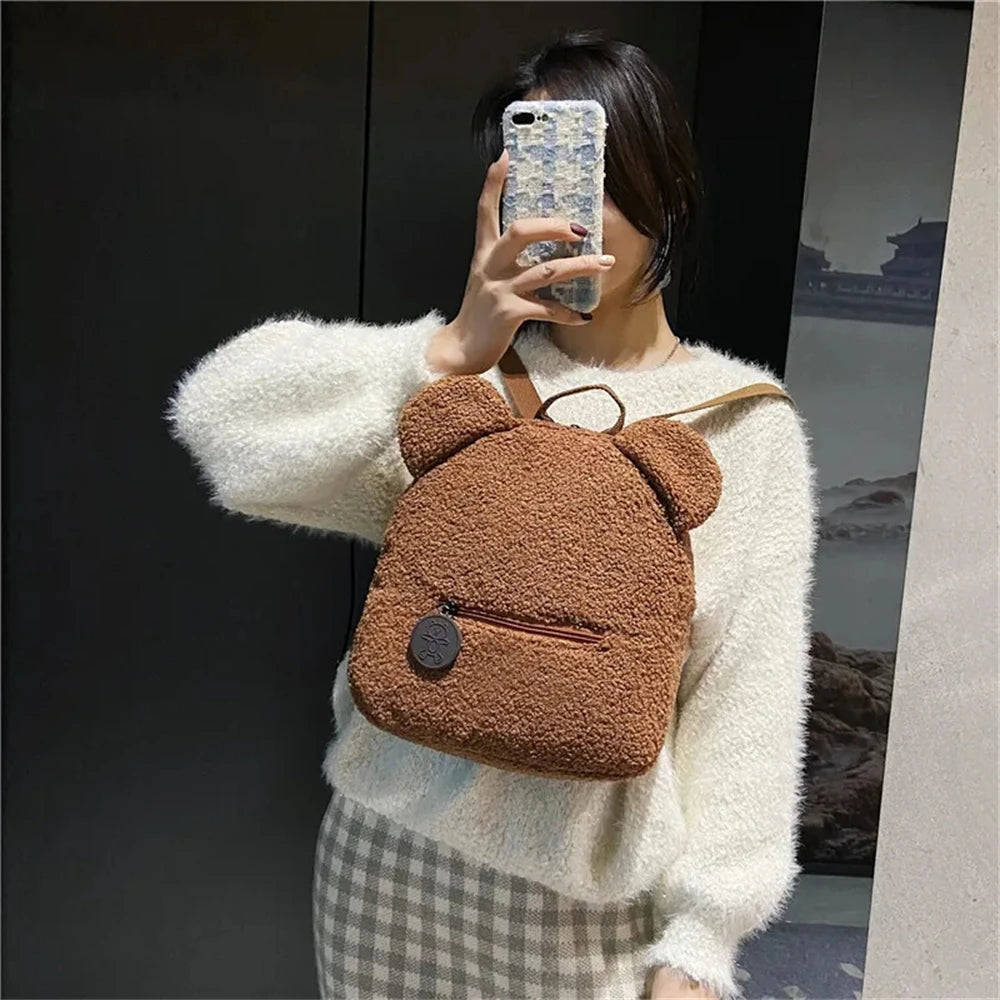 889B-Sac à Dos Mignon en Laine d'Agneau avec Oreilles d'Ours – Petit Sac Doux pour Filles