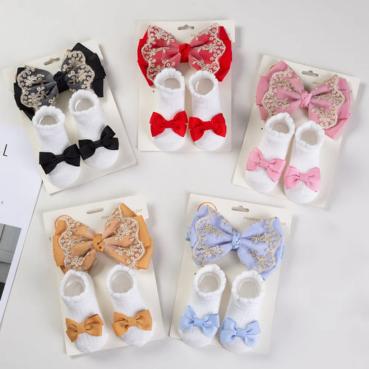 117-Ensemble de 3 Paires de Chaussettes à Volants pour Bébé avec Bandeau en Dentelle